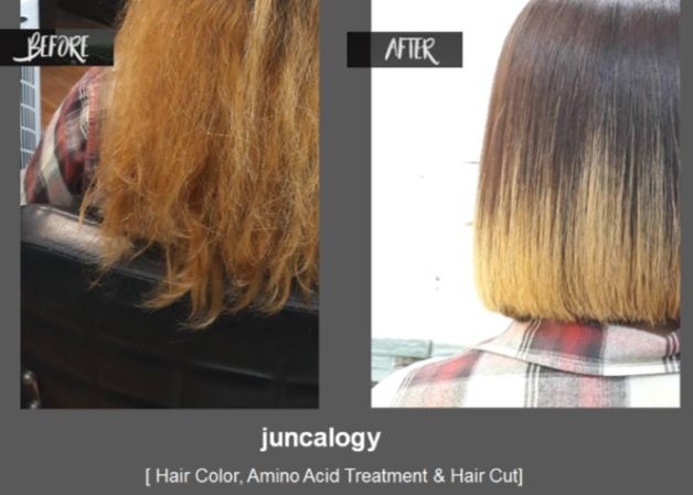 Dull, Frizzy hair,Over bleached】BEFORE & AFTER SAMPLE OF ” JuncaLogy “【Hair color, Hair cut, Amino Acid Treatment】 | Junca group company Dull, Frizzy hair,Over bleached】BEFORE & AFTER SAMPLE OF ” JuncaLogy “【Hair color, Hair cut, Amino Acid Treatment】 | Junca group company